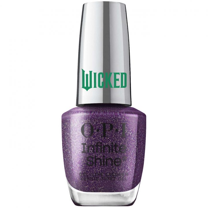 Deep purple nail polish with gold shimmer from OPI Wicked series, perfect for a bold, mysterious, and enchanting look.