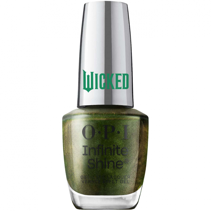 Olive green nail polish with subtle bronze shimmer from OPI Wicked collection, ideal for a modern and sophisticated look.