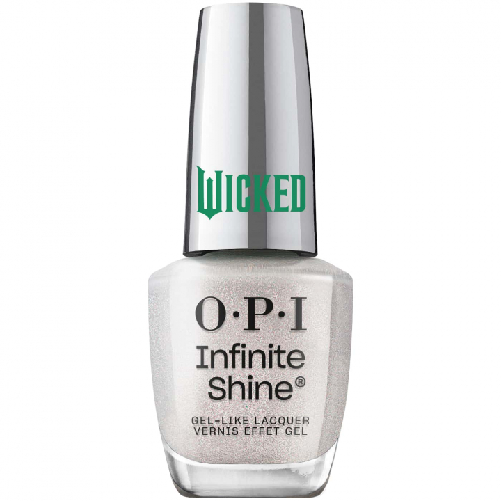 Sheer nail polish with blue, green, and silver glitter from OPI Wicked collection, ideal for a shimmering, magical look.