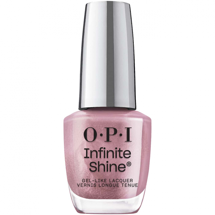 Nail polish in deep purple with icy silver shimmer – OPI Infinite Shine Sheen''s All That, for an elegant nail look.