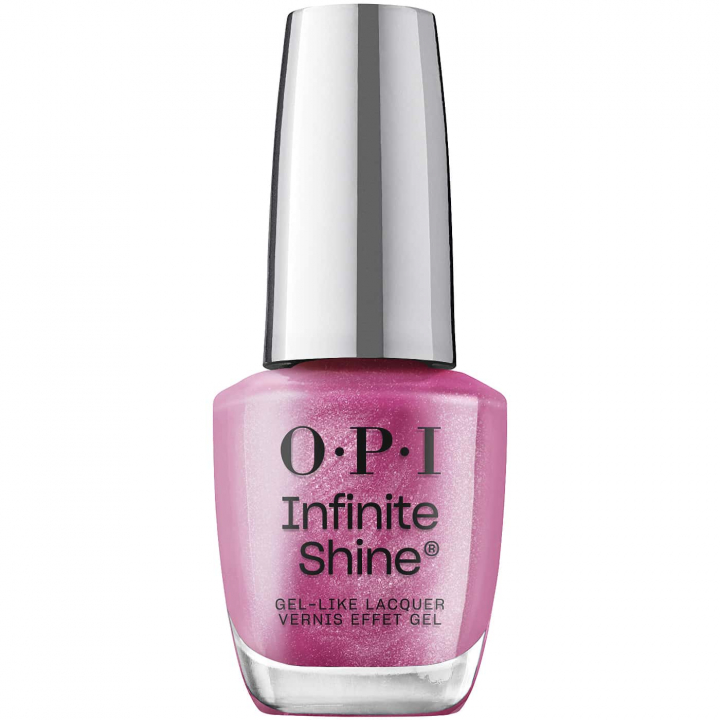 Vibrant pink nail polish with fuchsia-purple shimmer – OPI Infinite Shine Lip Pink Battle, for a glamorous look.