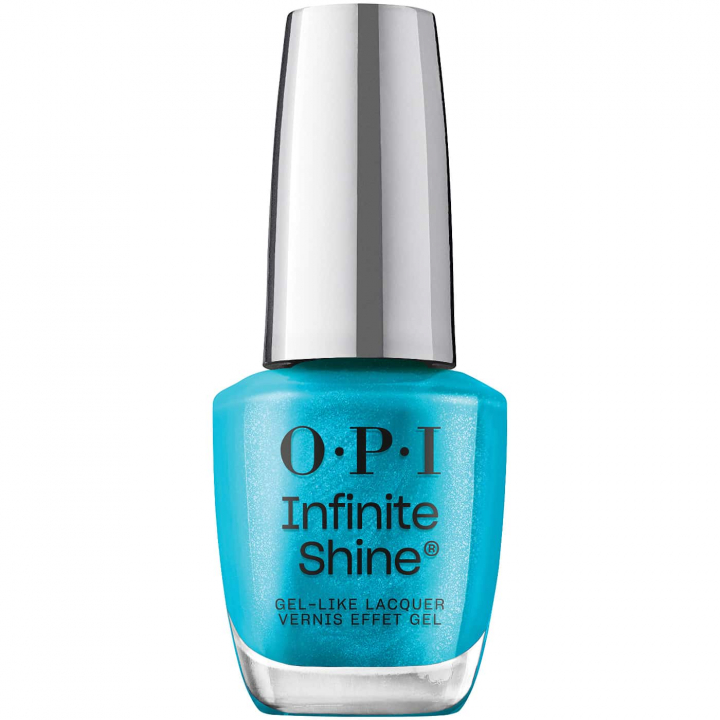 Nail polish in vibrant turquoise blue shade with subtle pearlescent shimmer – OPI Infinite Shine MillenniYUM, for a fresh and modern look.