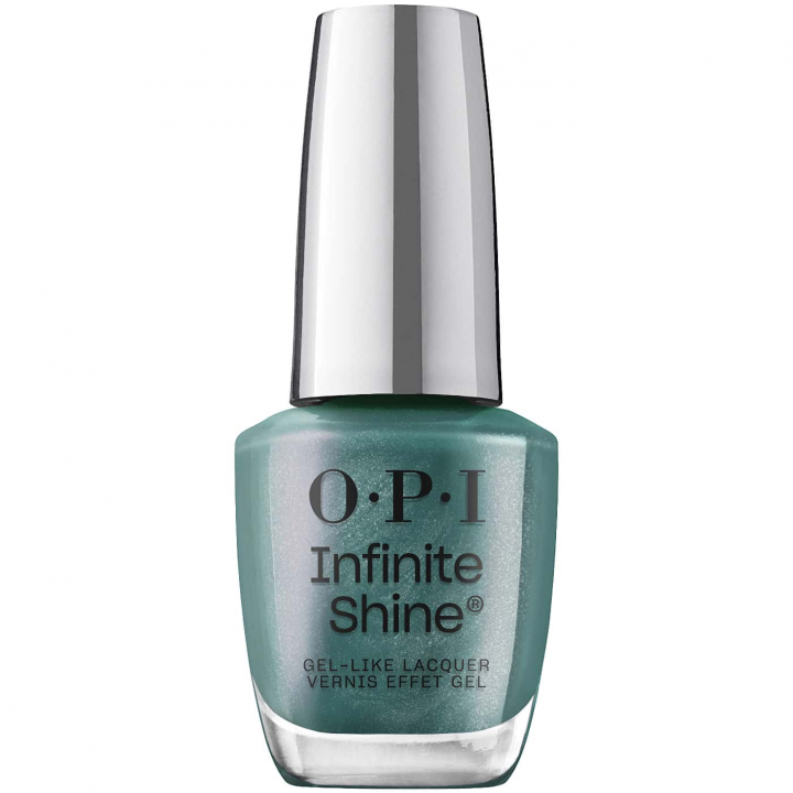 Nail polish in metallic green shade with subtle shimmer – OPI Infinite Shine Cos-mo Money, for a modern and stylish look.