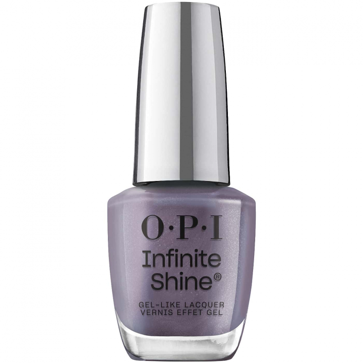 Nail polish in metallic gray-purple shade with subtle shimmer – OPI Infinite Shine Funmetal, for a futuristic and sophisticated look.