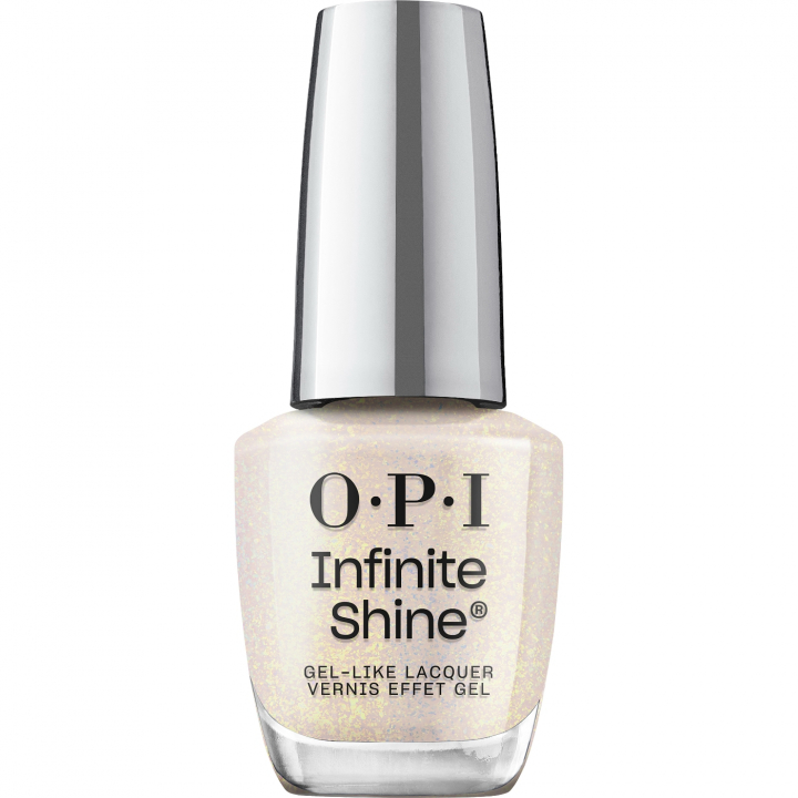 OPI IS From Dusk to Salon - White-gray nail polish with golden shimmer for an elegant and timeless manicure